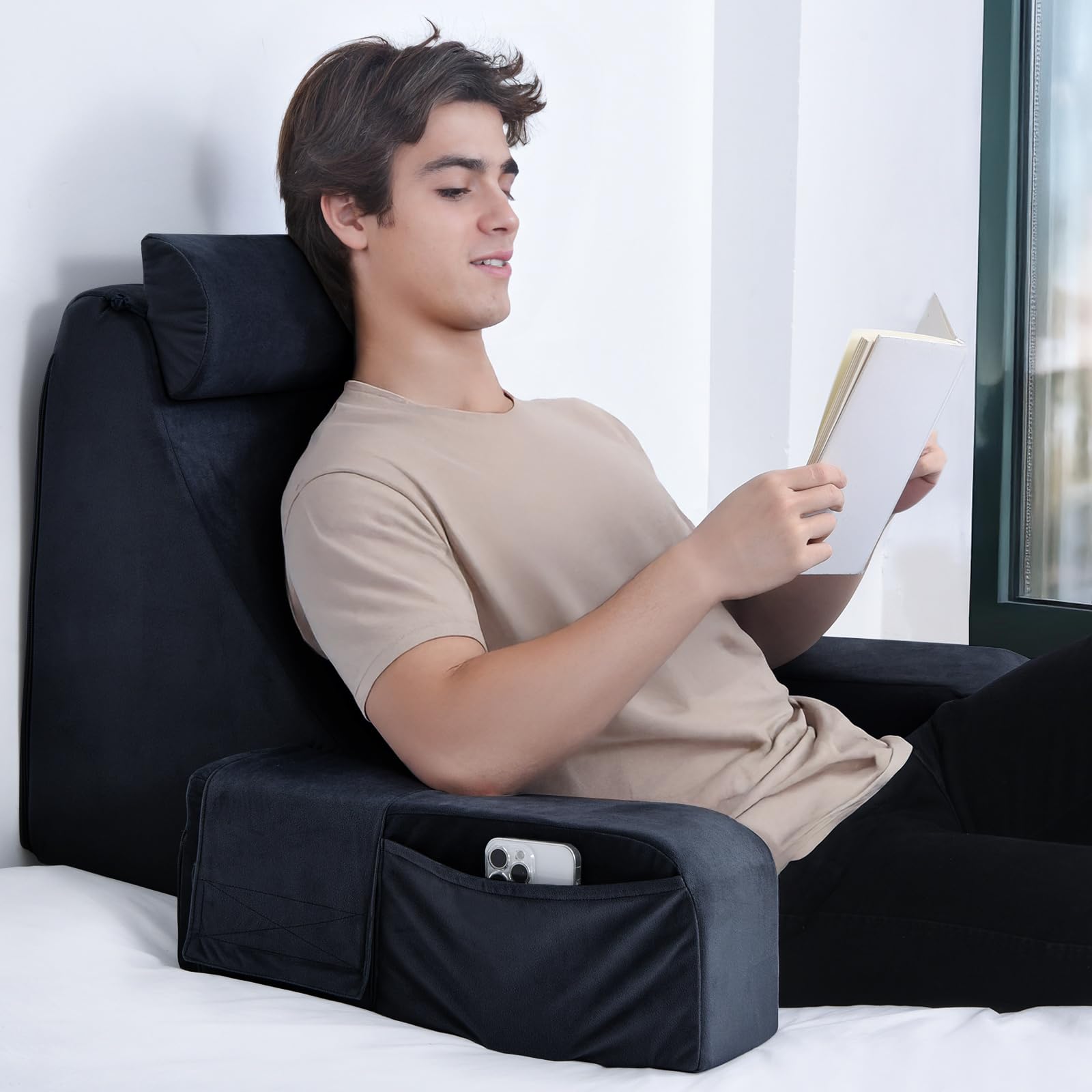 ENITYA Reading Pillow with a 45-degree backrest supports comfortable upright reading