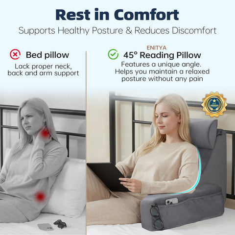 ENITYA reading pillow with large side pockets keeps essentials close at hand