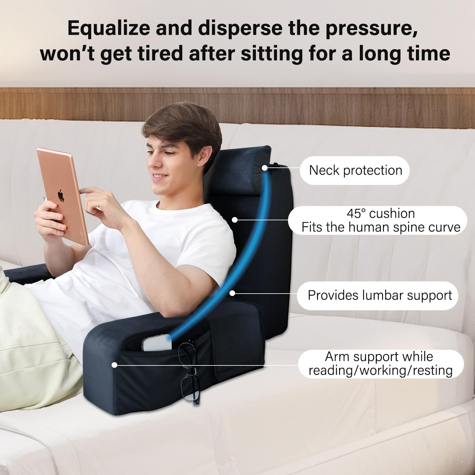 ENITYA Reading Pillow uses the headrest as a lumbar cushion for lower-back comfort