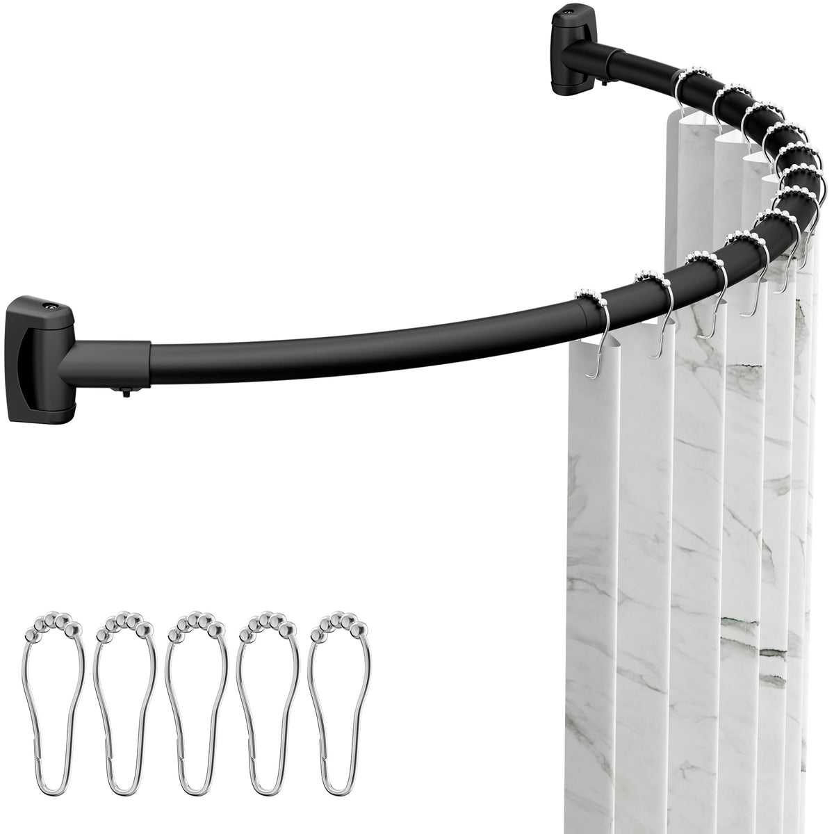 ENJOYBASICS curved shower rod installed in matte black for spacious feel