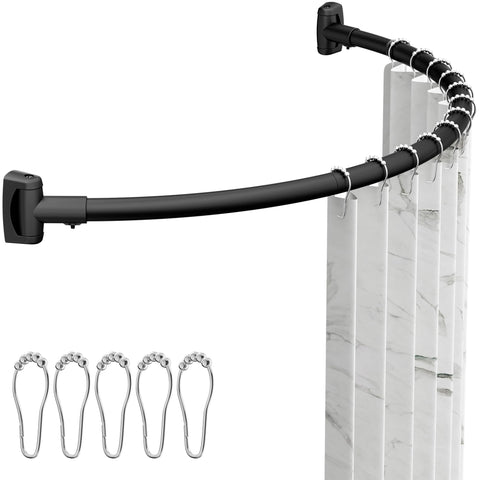 ENJOYBASICS curved shower rod installed in matte black for spacious feel