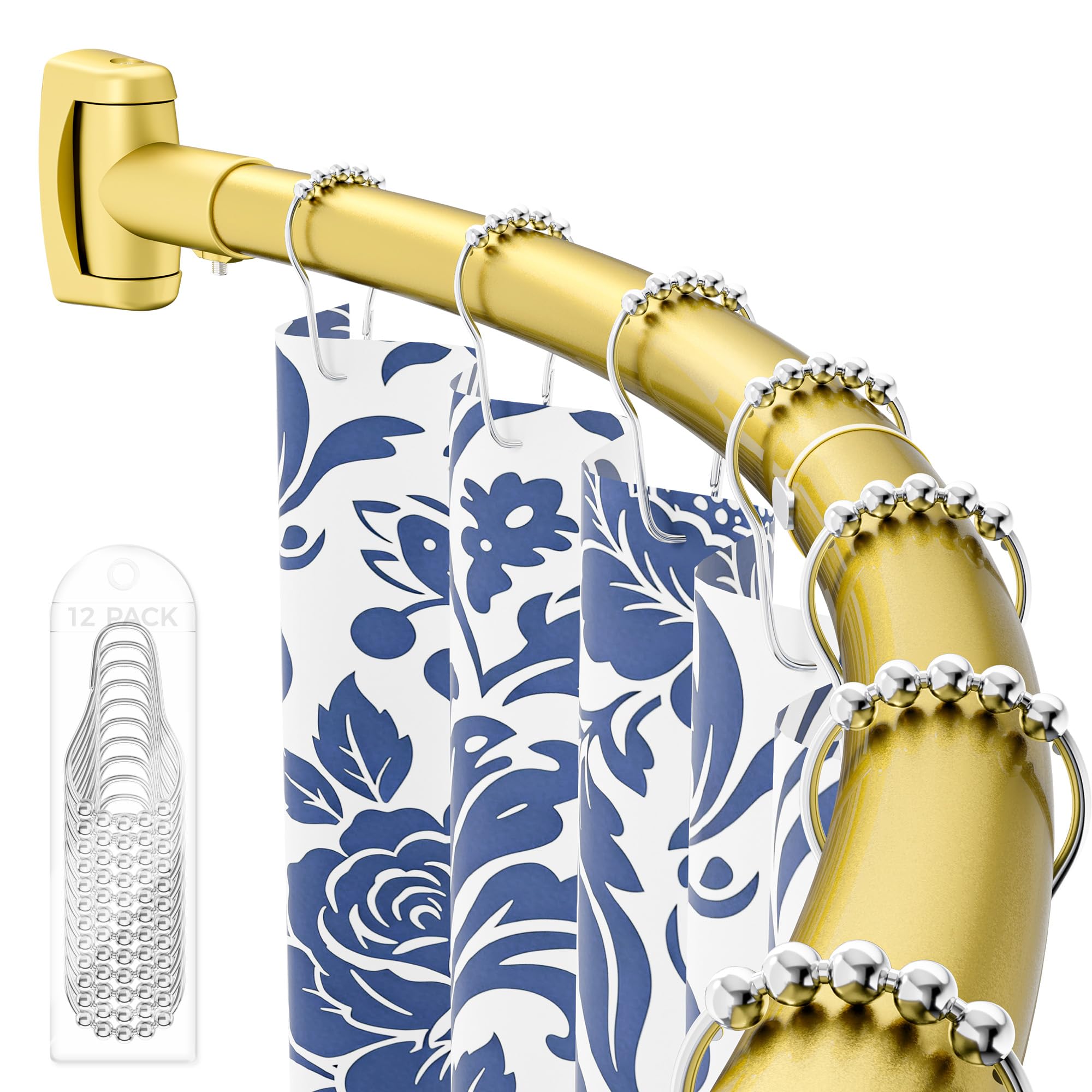 ENJOYBASICS curved shower rod in gold boosts space and enhances bathroom aesthetics.