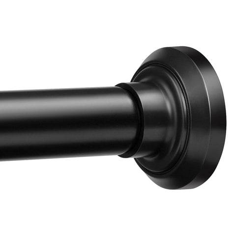 ENJOYBASICS matte black shower rod extended from 30 to 88 inches for flexible fit.