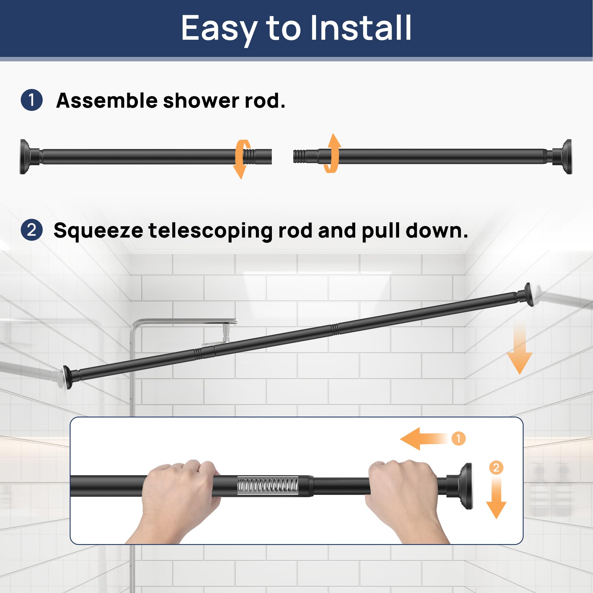 ENJOYBASICS matte black shower rod complements modern bathroom interiors.