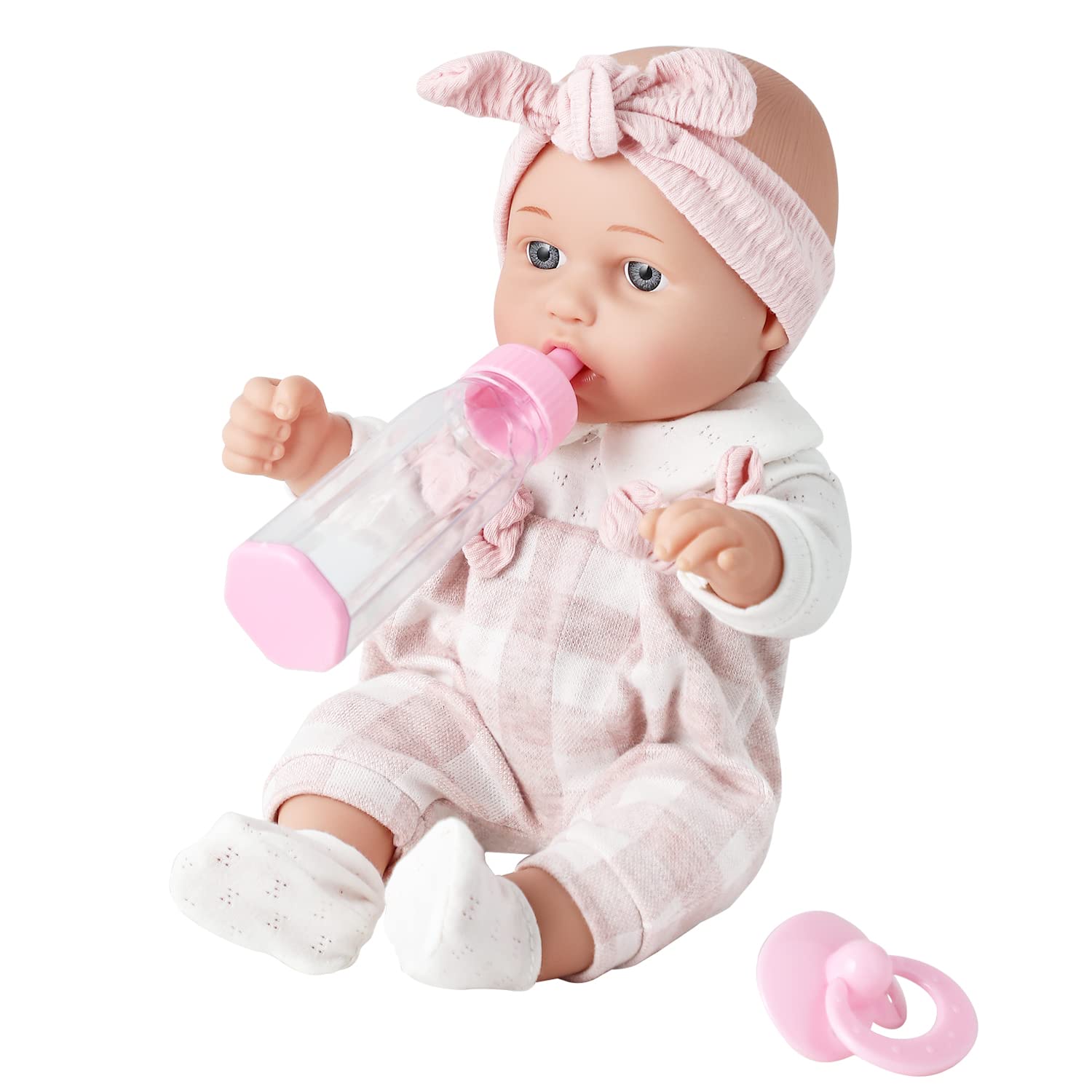 Enjoyin 12-inch doll in pink clothes for cuddling and pretend play.