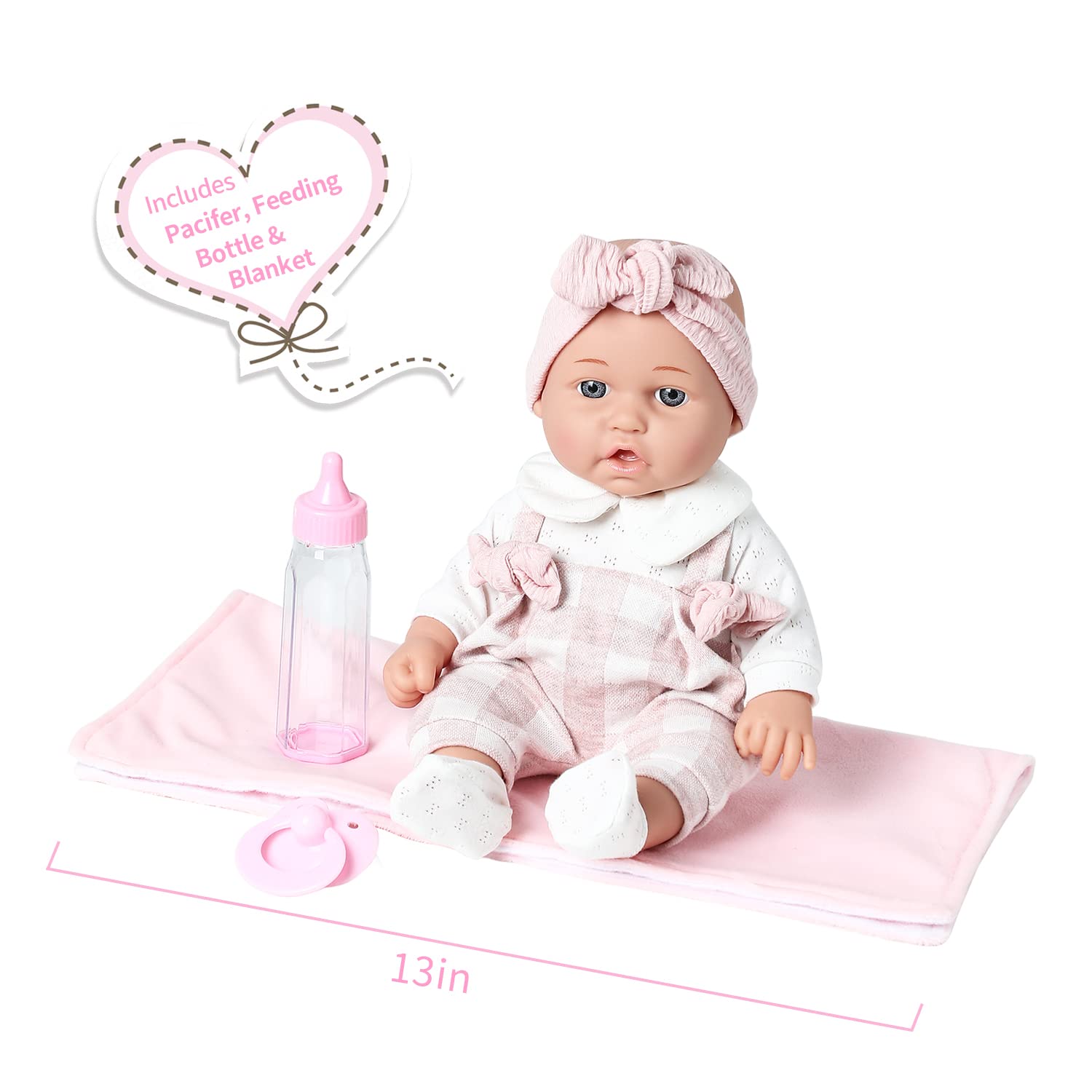 Enjoyin doll with pacifier included for soothing care during role-play.