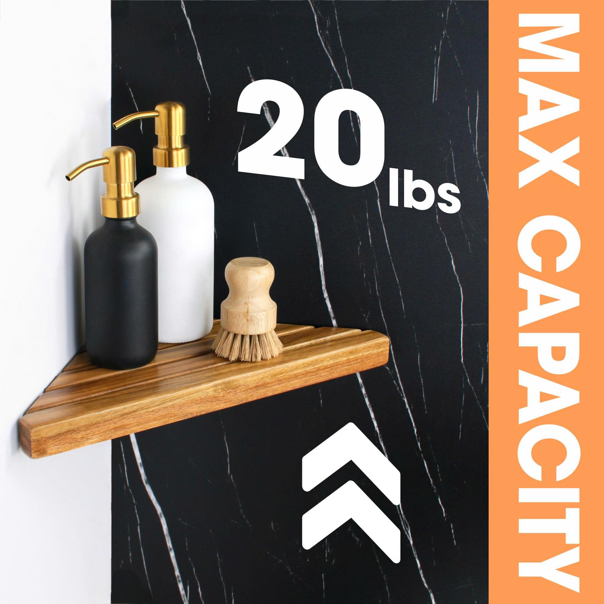 ENKEZI Acacia corner shelf with adhesive mount saves wall drilling.