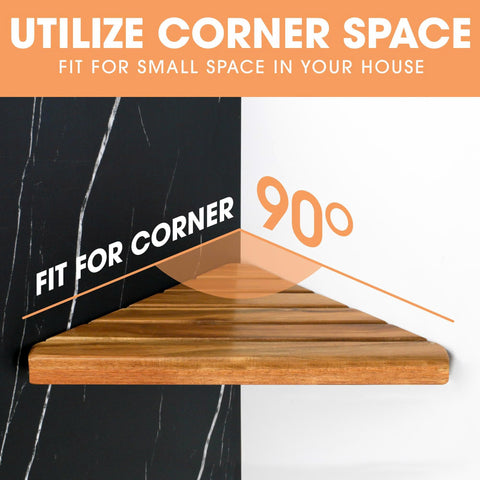ENKEZI Acacia corner shelf trio stores shampoo and soap efficiently.