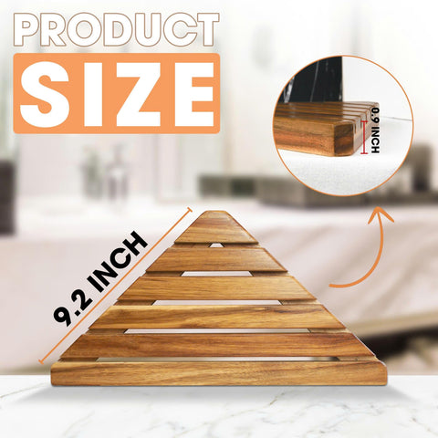 ENKEZI Acacia corner shelf mounted on tiled wall for shower storage.