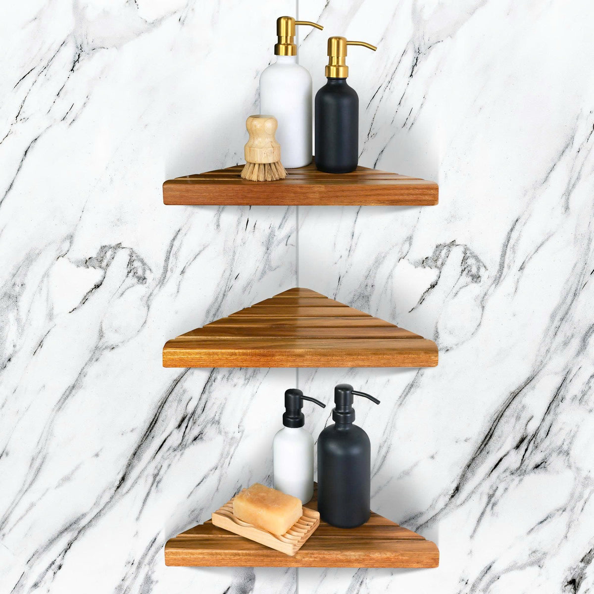 ENKEZI Acacia triangular corner shelf on tiled wall for compact storage.