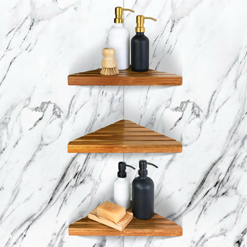 ENKEZI Acacia triangular corner shelf on tiled wall for compact storage.