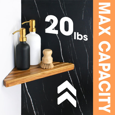 ENKEZI Acacia corner shelf on tiled wall complements modern bathroom décor.
