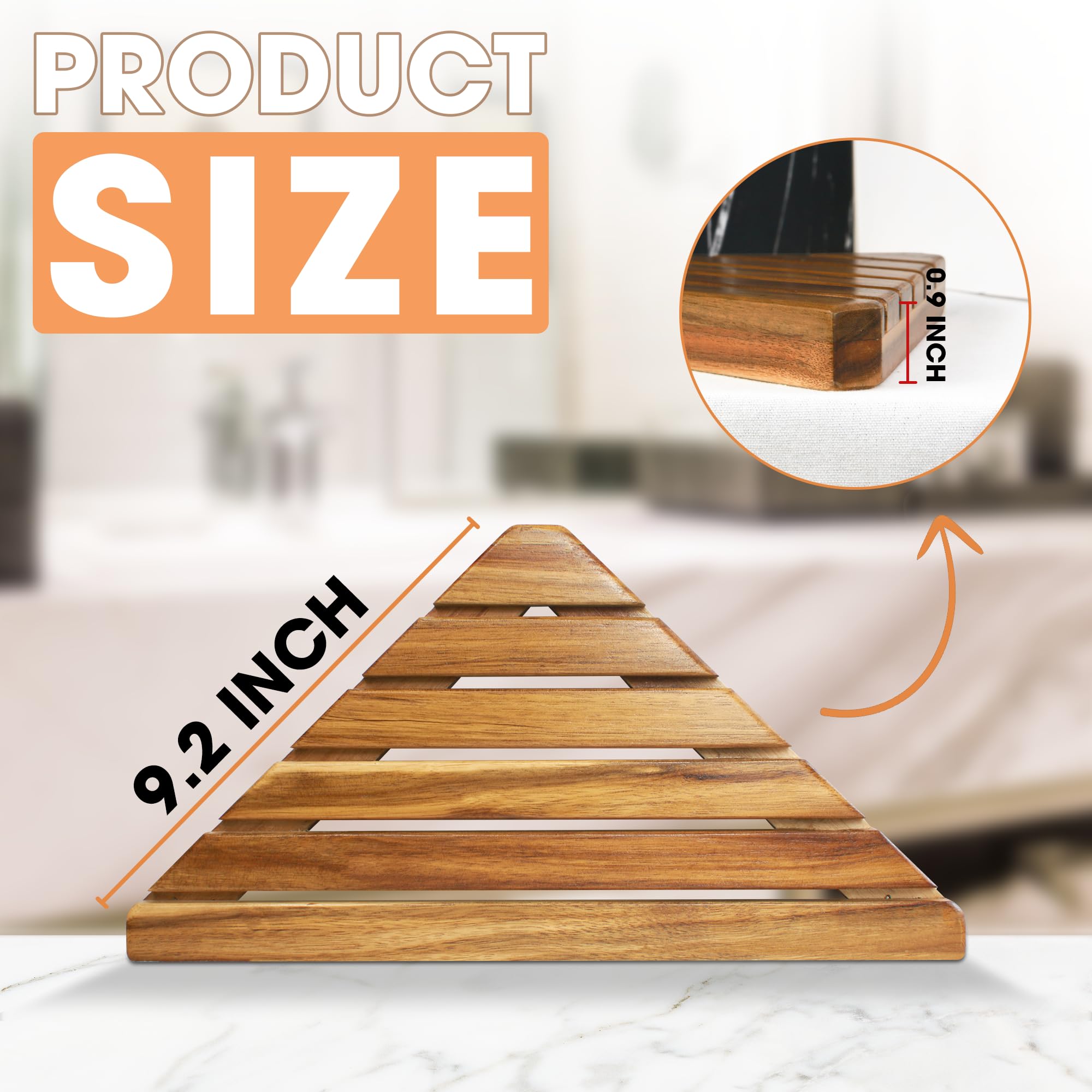 ENKEZI Acacia triangular corner shelf close-up showing natural wood finish.