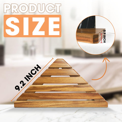 ENKEZI Acacia triangular corner shelf close-up showing natural wood finish.