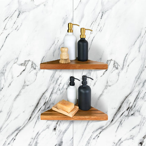 ENKEZI Acacia two-tier corner shelf mounted on tiled wall for organized shower storage.