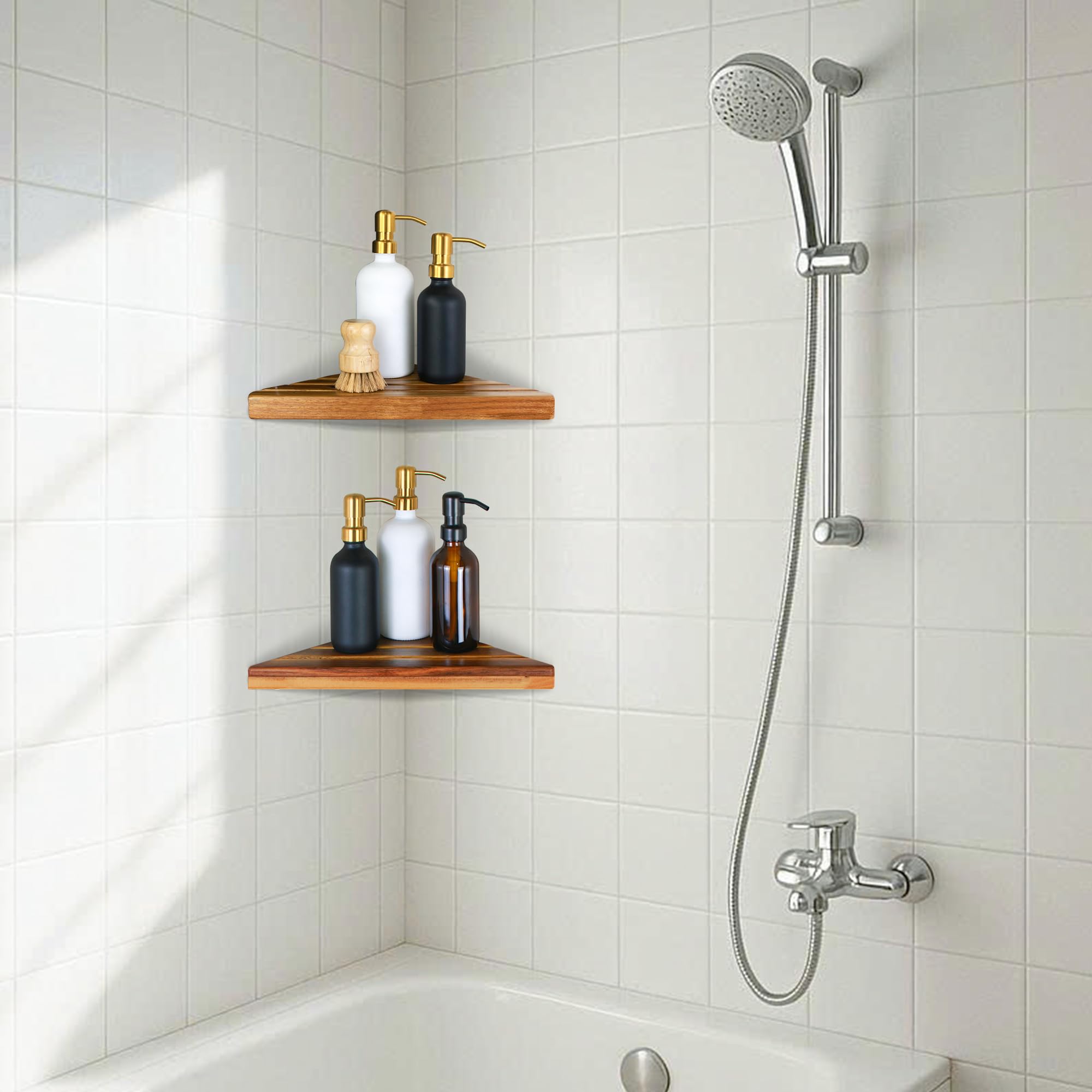 ENKEZI Acacia wooden shelf set keeps toiletries within easy reach.