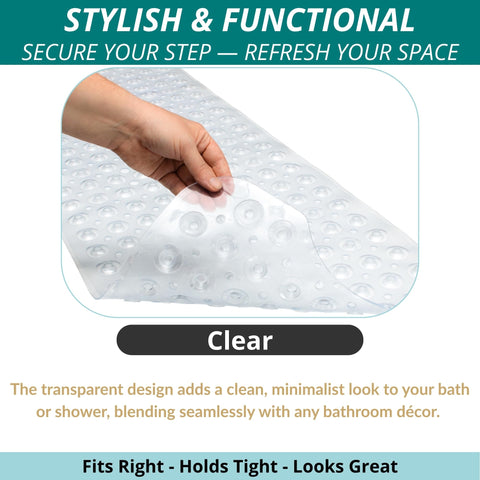ENKOSI clear shower mat design complements any bathroom while gripping surfaces