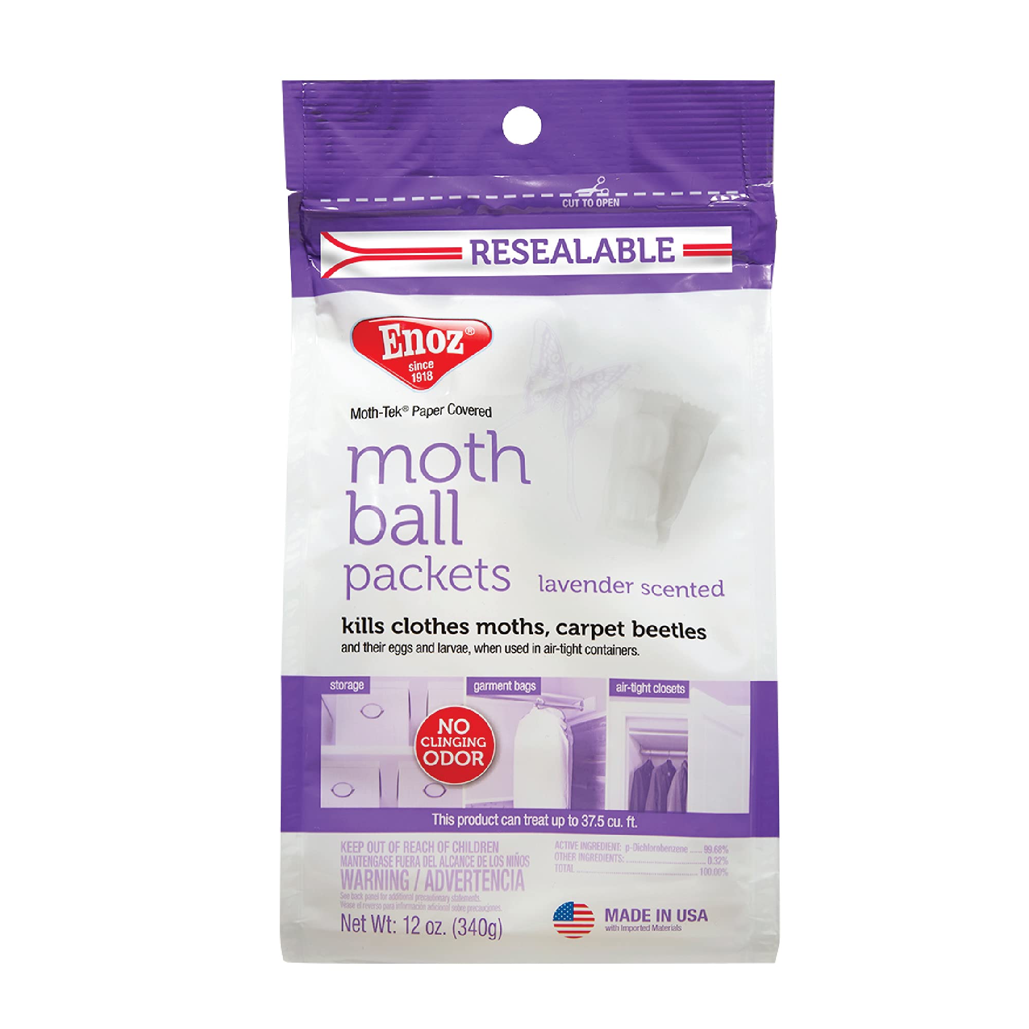 Enoz lavender moth balls packaging shows premium protection for wardrobes.