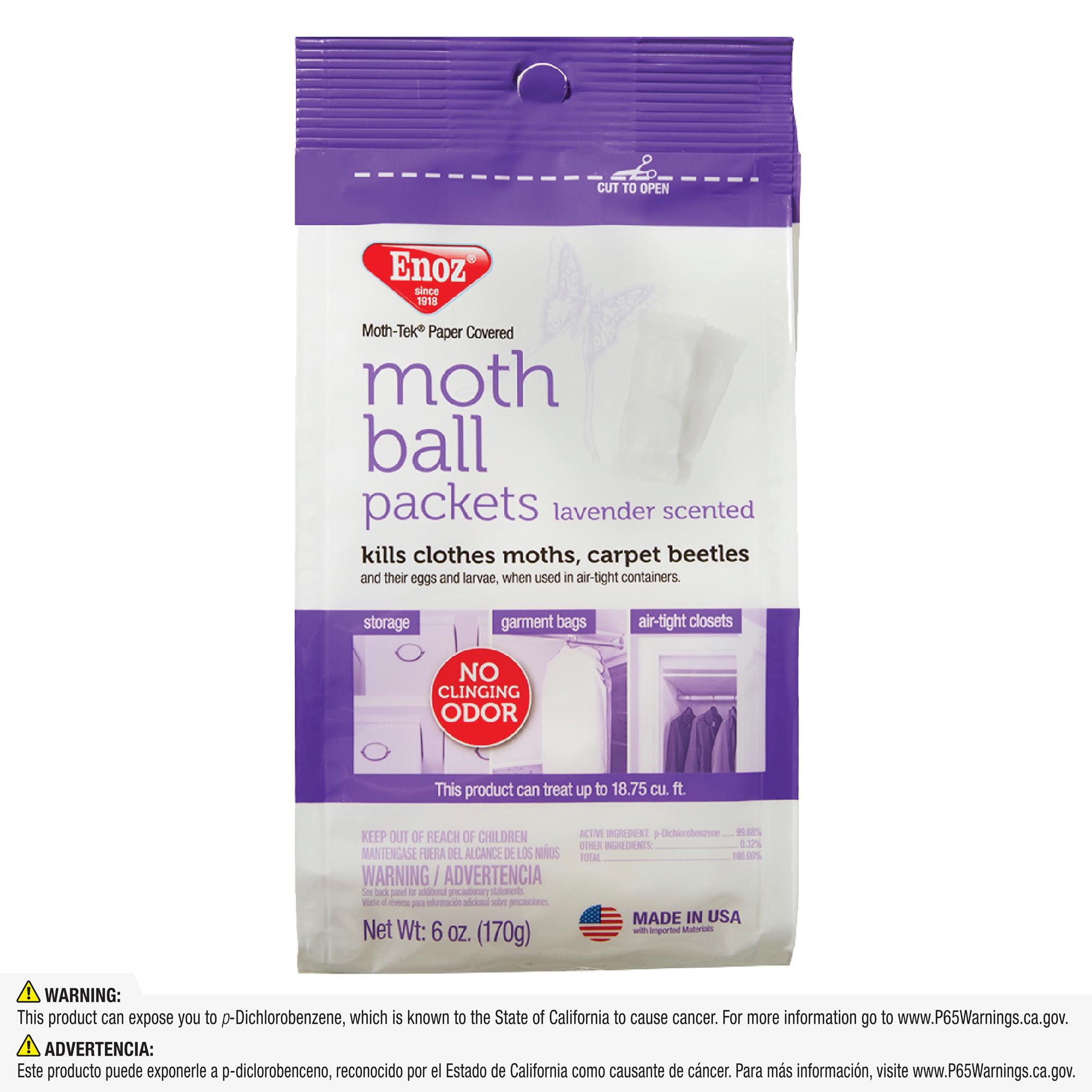 Enoz lavender packets on closet shelf guard fabrics from moth damage.