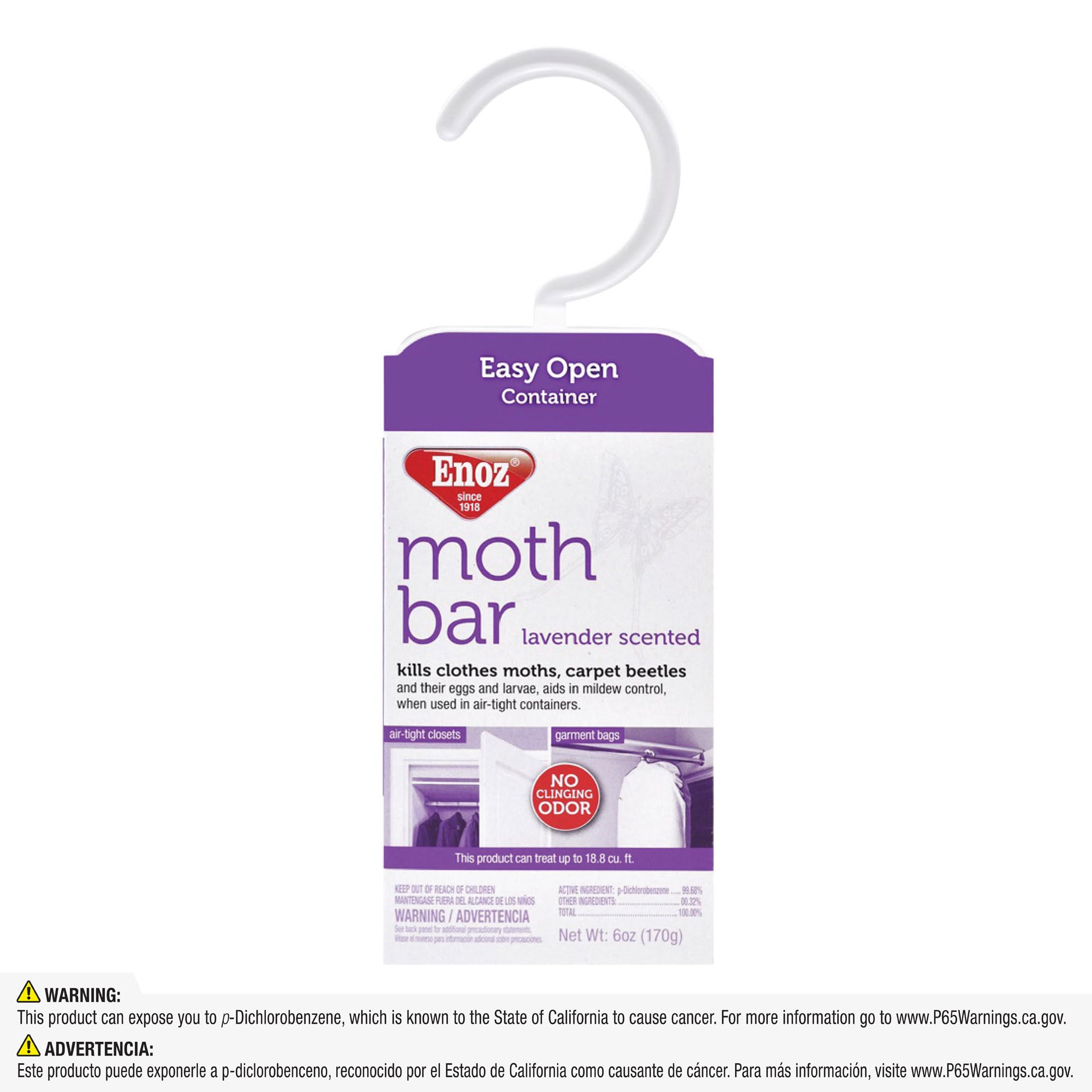 Enoz lavender-scented moth bar hanging in closet prevents moths.