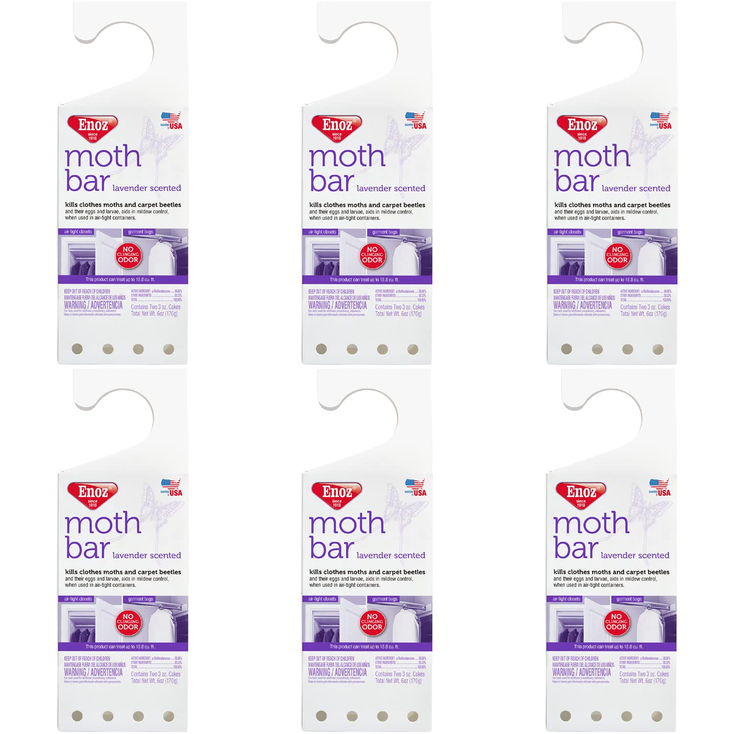 Enoz lavender-scented moth bar pack of six protecting closets from moth damage.