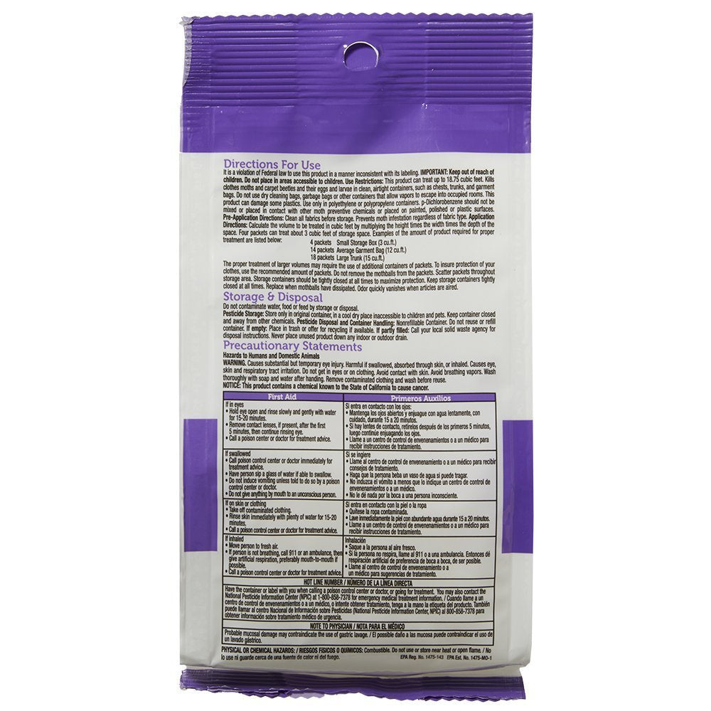 Enoz Lavender Scented Moth Ball Packet in a closet guards textiles against moths.