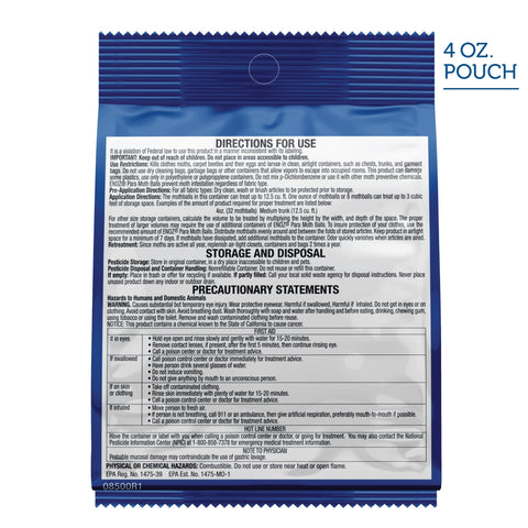 Enoz Moth Balls 4oz packaging shown, easy to store with other pest control items.