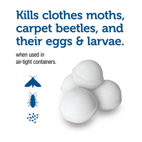 Enoz Moth Balls label detail highlights product name and safety notice.