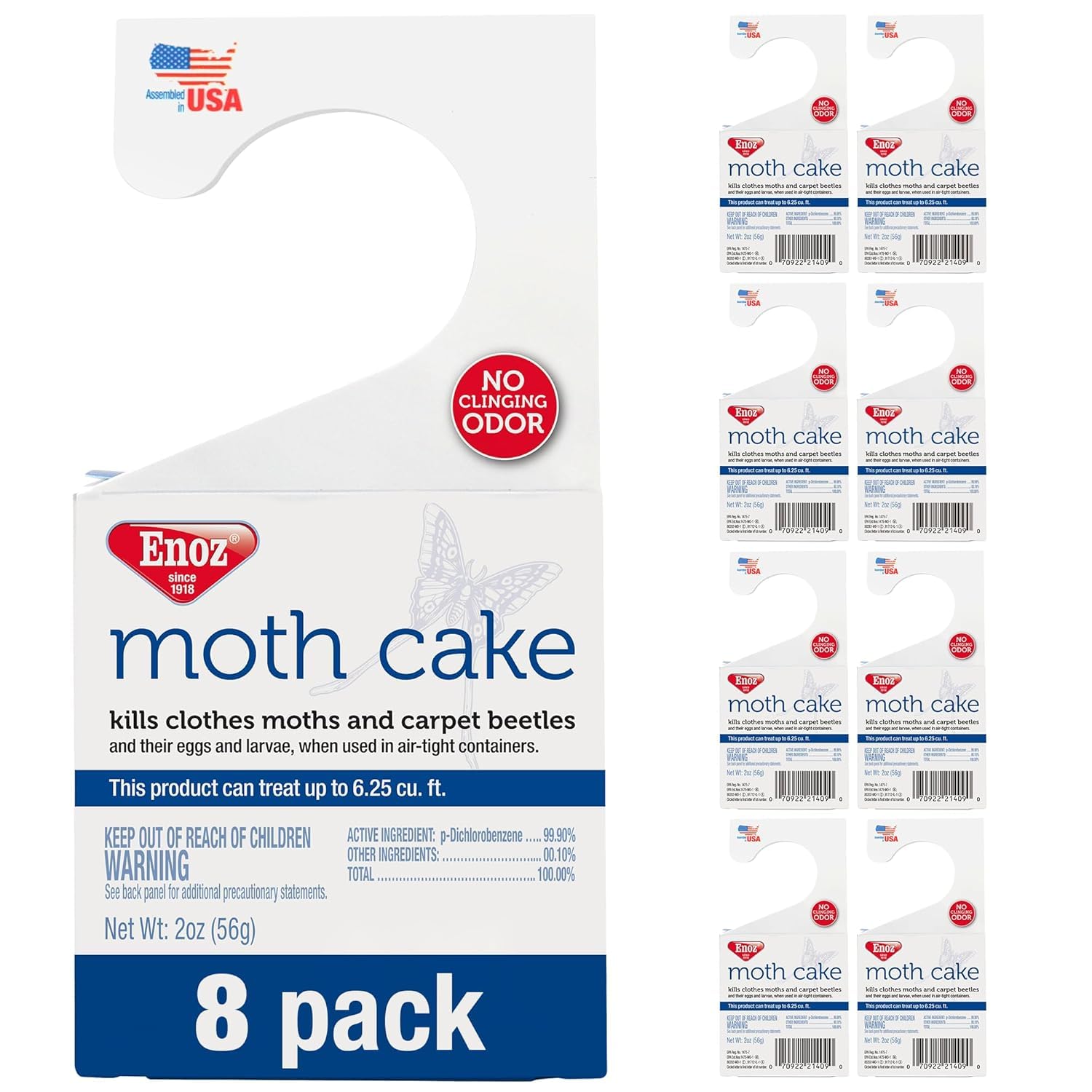 Enoz Moth Cakes 8-pack in box protects clothes from moth damage.