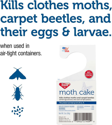 Enoz Moth Cakes target moths, eggs, and larvae for protection.
