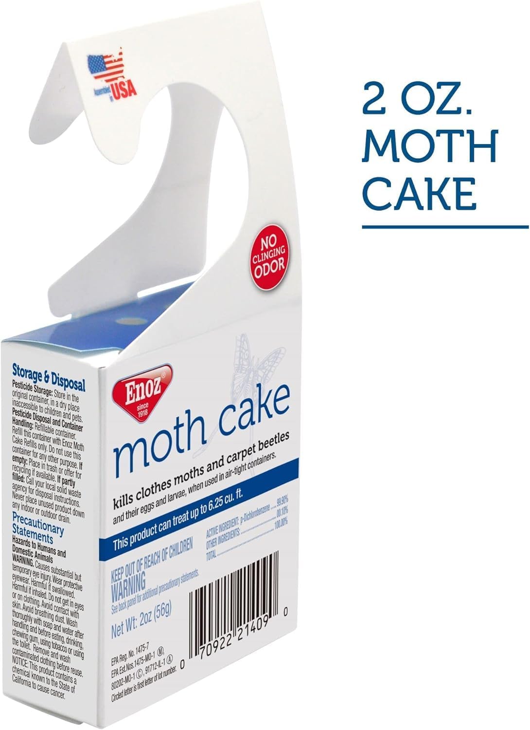 Enoz Moth Cakes hanging on closet rod protects fabrics.