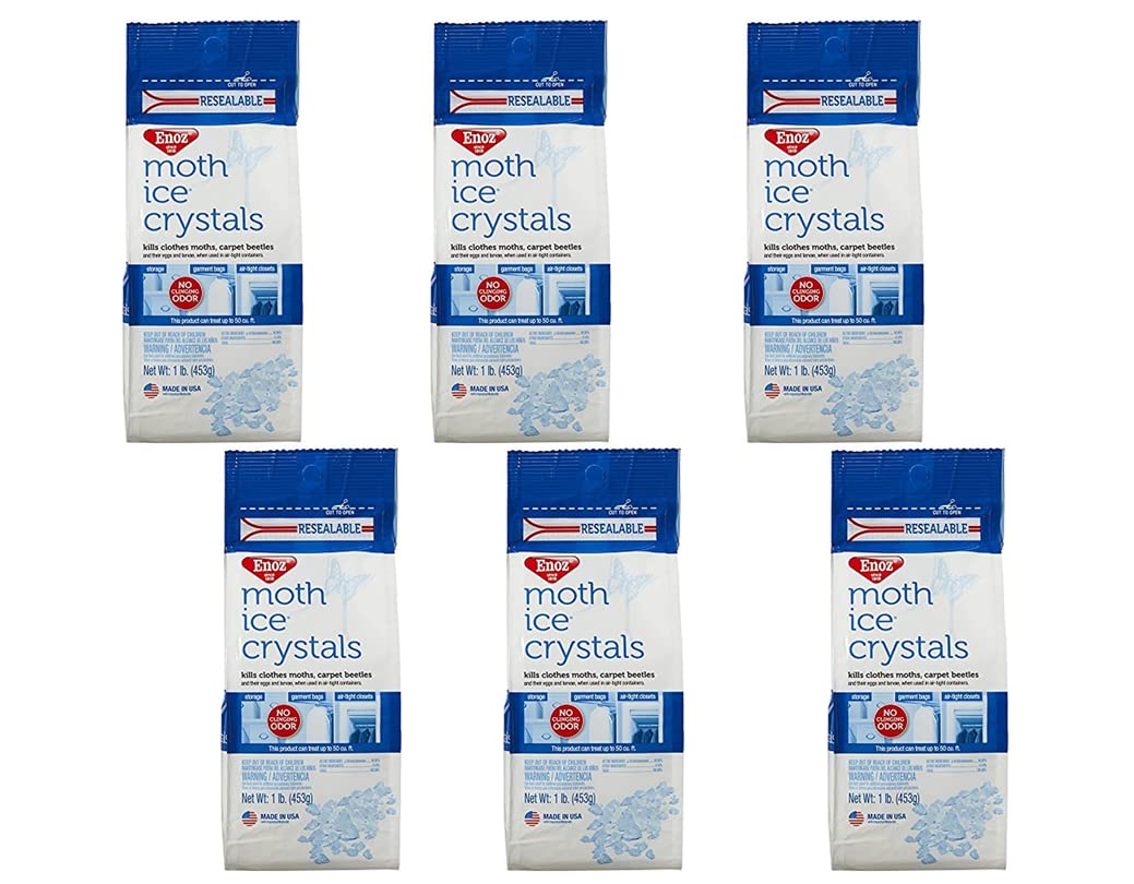 Enoz Moth Crystals ice chunks close-up, protects garments from moth damage