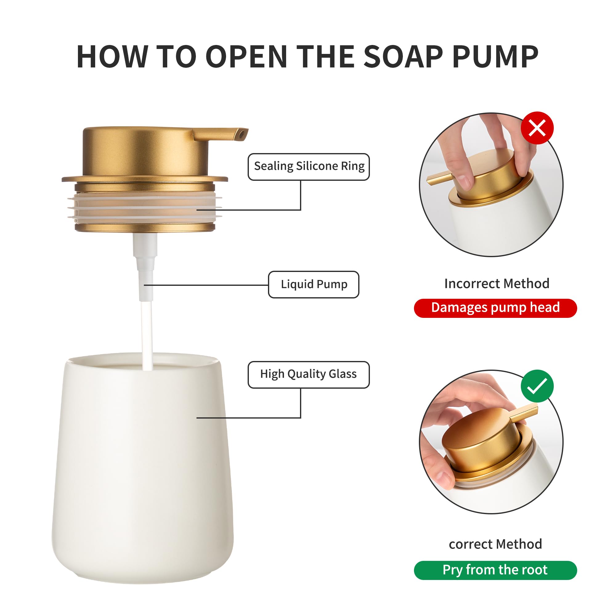 Enra ceramic dispenser with white body and gold pump in a stylish bathroom setup.
