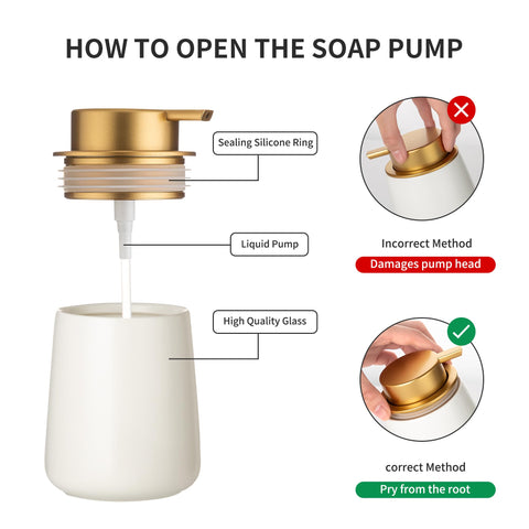 Enra ceramic dispenser with white body and gold pump in a stylish bathroom setup.