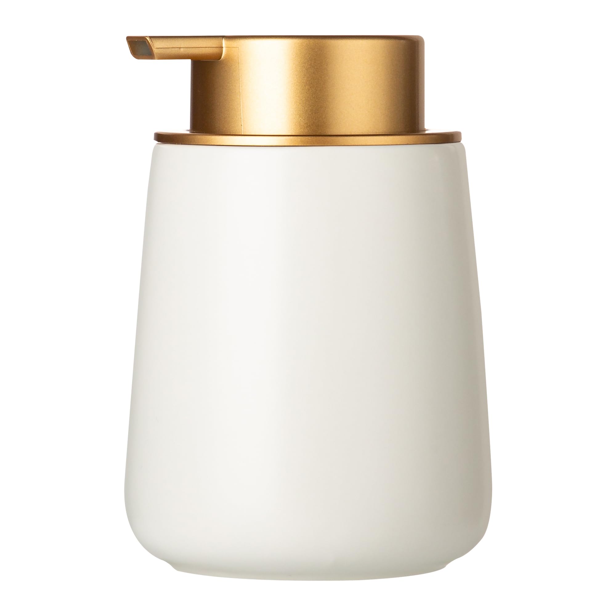 Enra ceramic soap dispenser with gold pump on kitchen counter for easy refills.