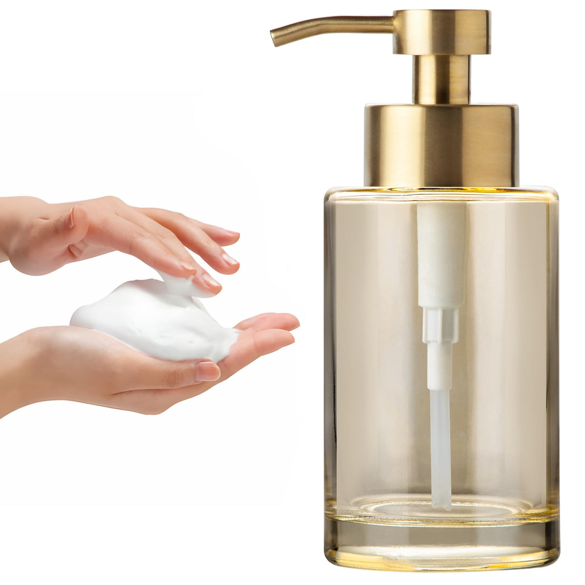 Enra Gold Foaming Soap Dispenser 12oz glass on bathroom counter, stylish and practical