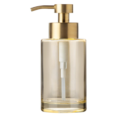 Enra thick glass soap dispenser with gold pump for elegant bathroom décor and reliable dispensing
