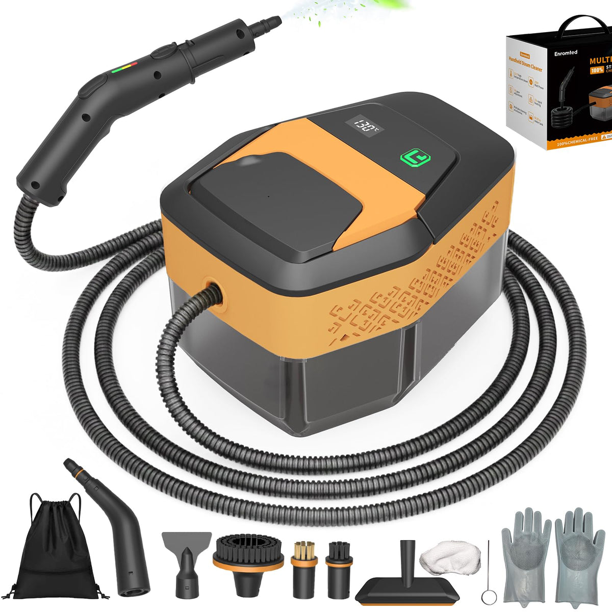 Enromted steam cleaner digital display showing adjustable settings for easy control