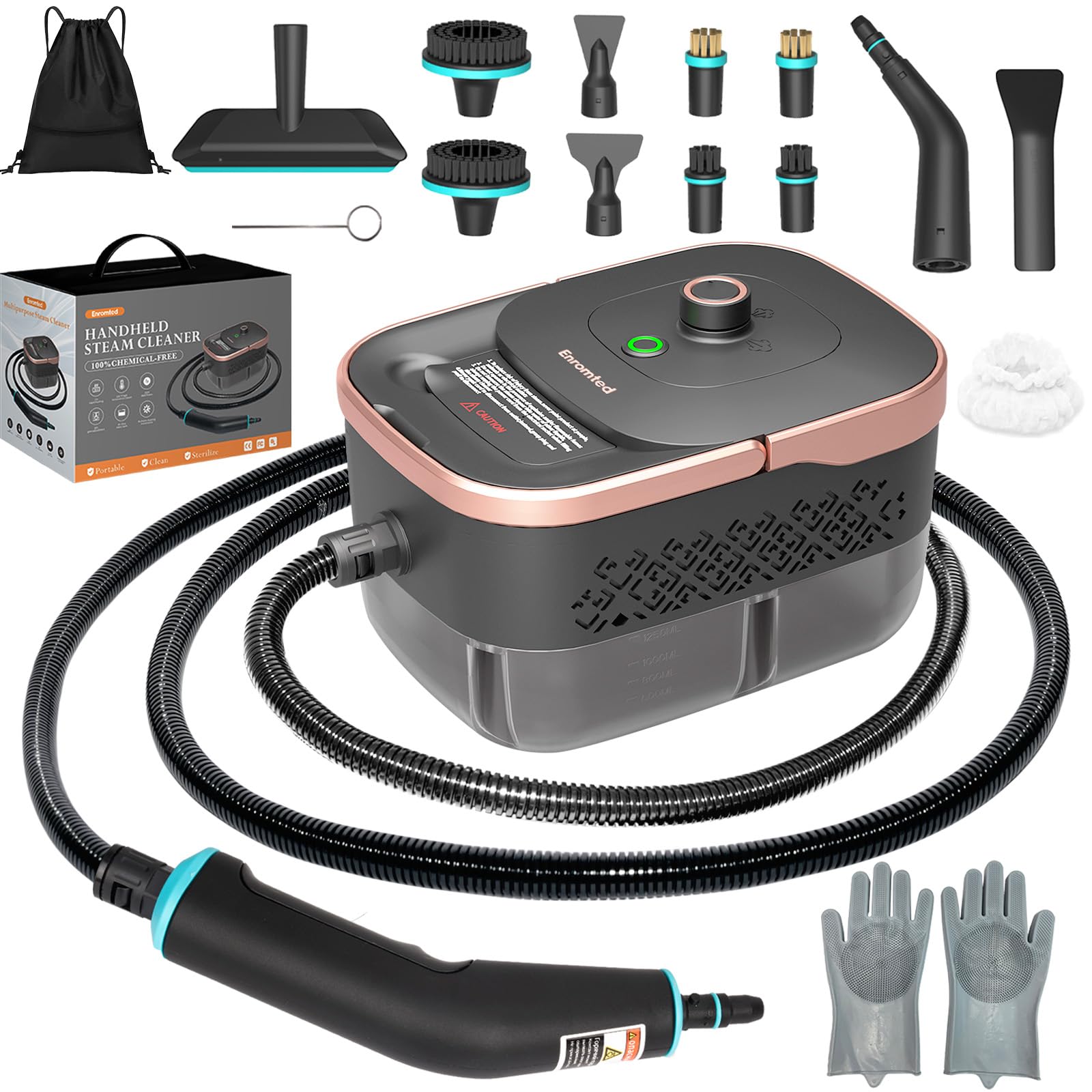 Enromted steam cleaner front view shows portable power for quick spot cleans.