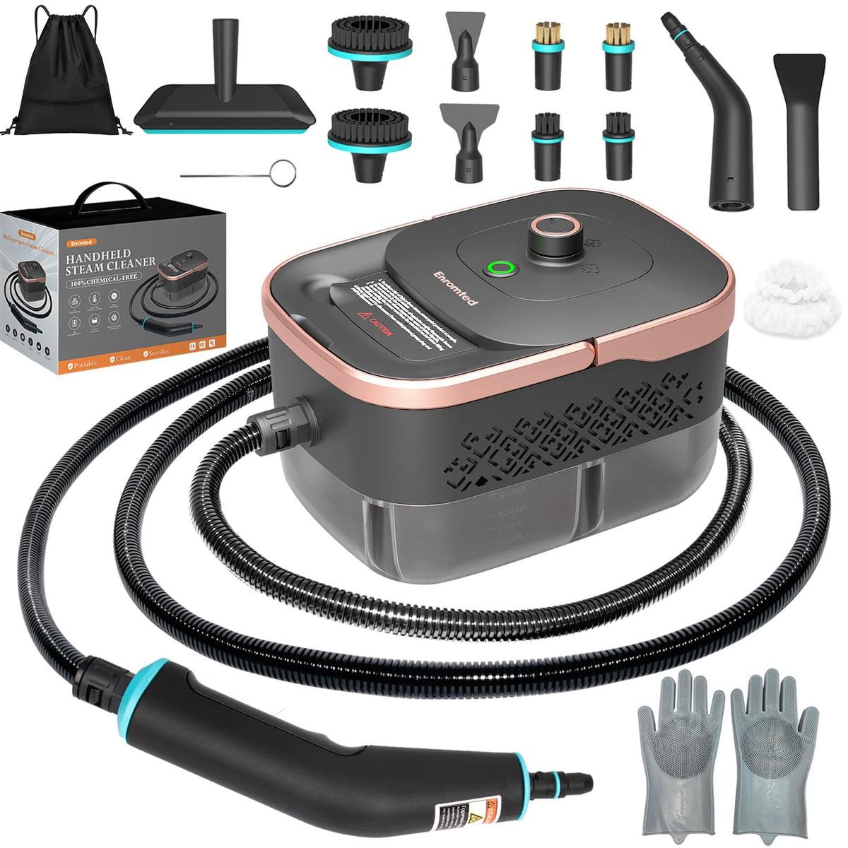 Enromted steam cleaner front view shows portable power for quick spot cleans.