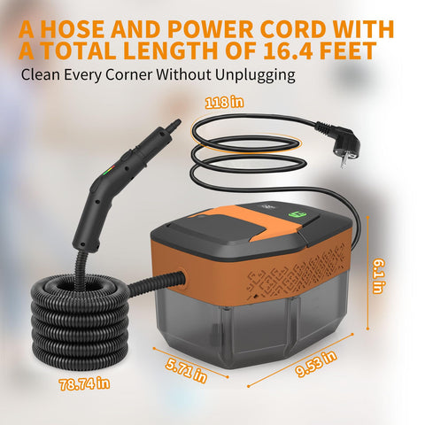 Enromted steam cleaner in use on floors and windows demonstrates versatility