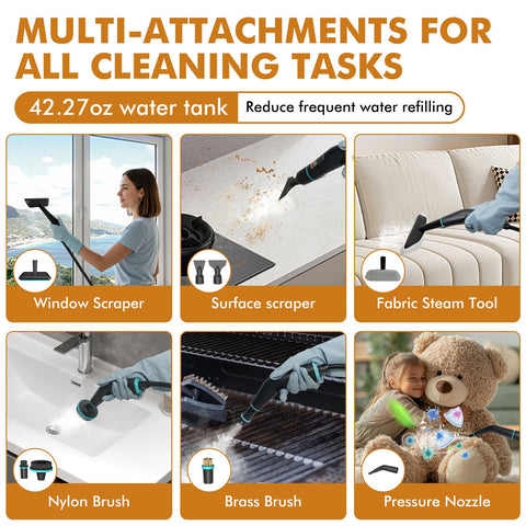Enromted steam cleaner tackles kitchen grease and bathroom tiles.