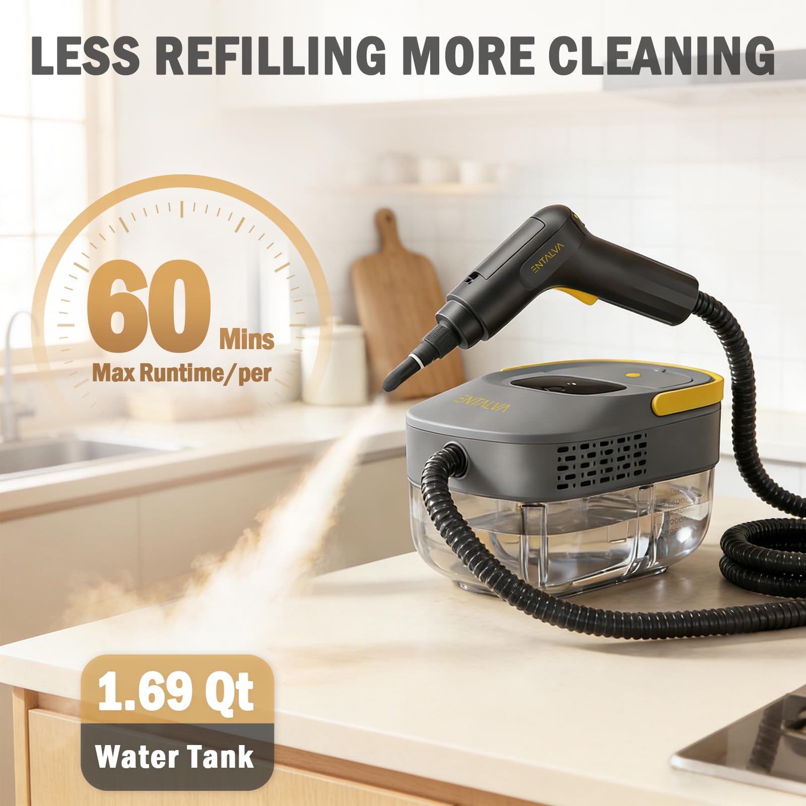 Entalva steam cleaner shows rapid heat up to 230°F for quick deep cleaning.