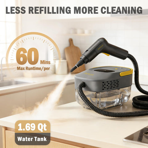 Entalva steam cleaner shows rapid heat up to 230°F for quick deep cleaning.
