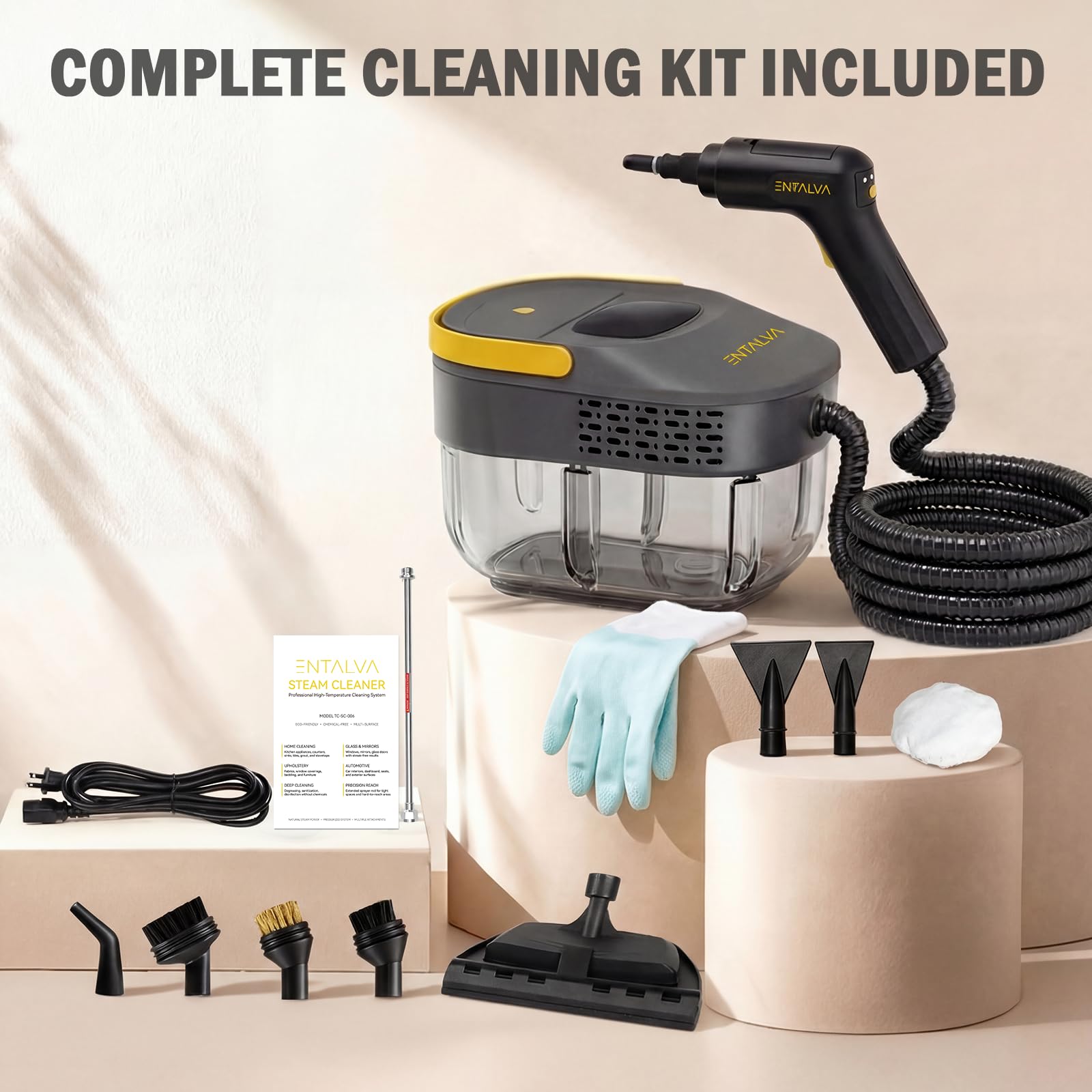 Entalva steam cleaner safety features including dry-burn protection at work.