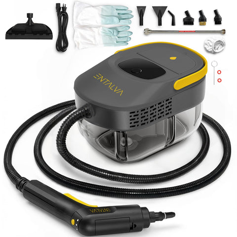 Entalva steam cleaner with a clear 1.69-qt tank for extended cleaning sessions.