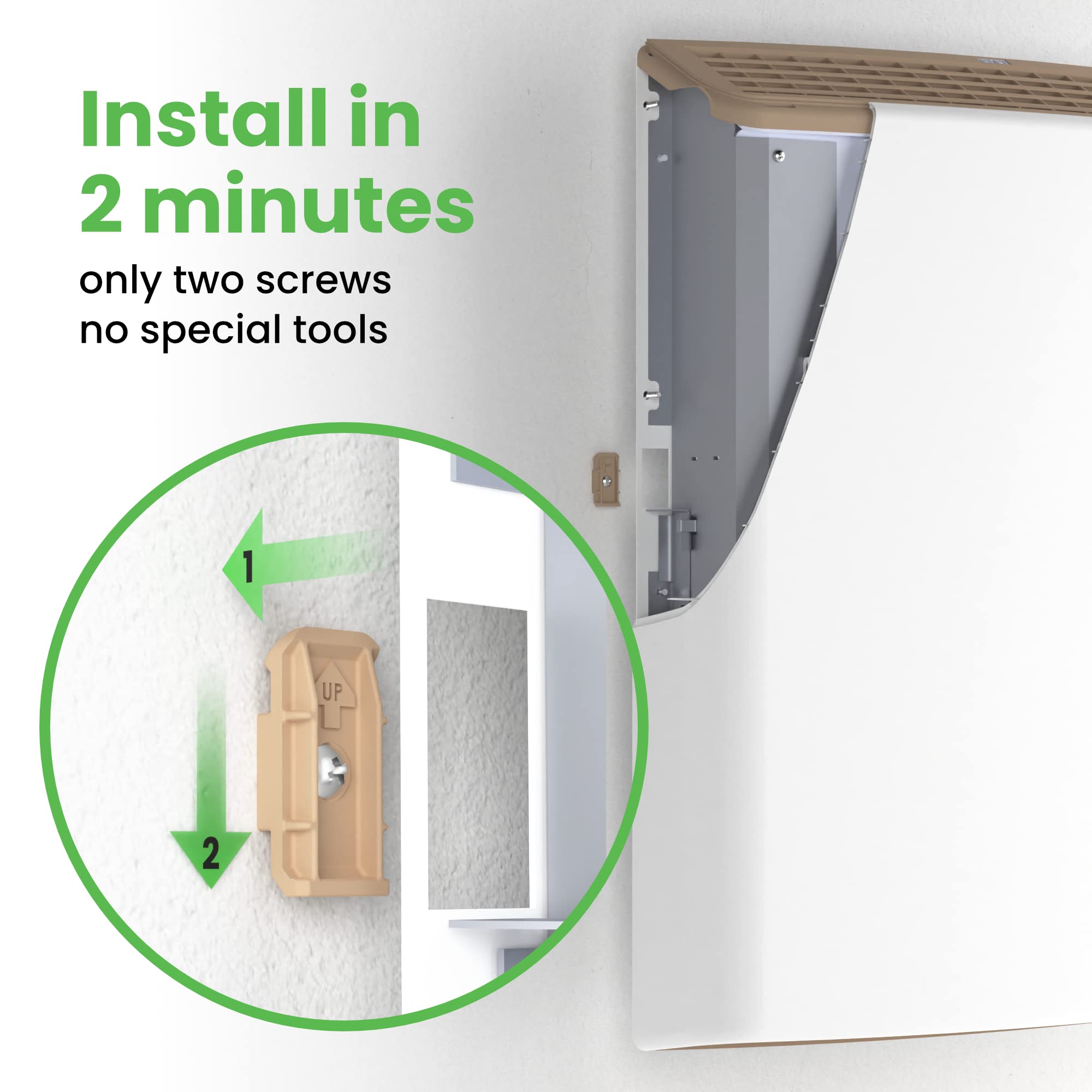 ENVI plug-in wall heater controls top, easy access for quick adjustments.