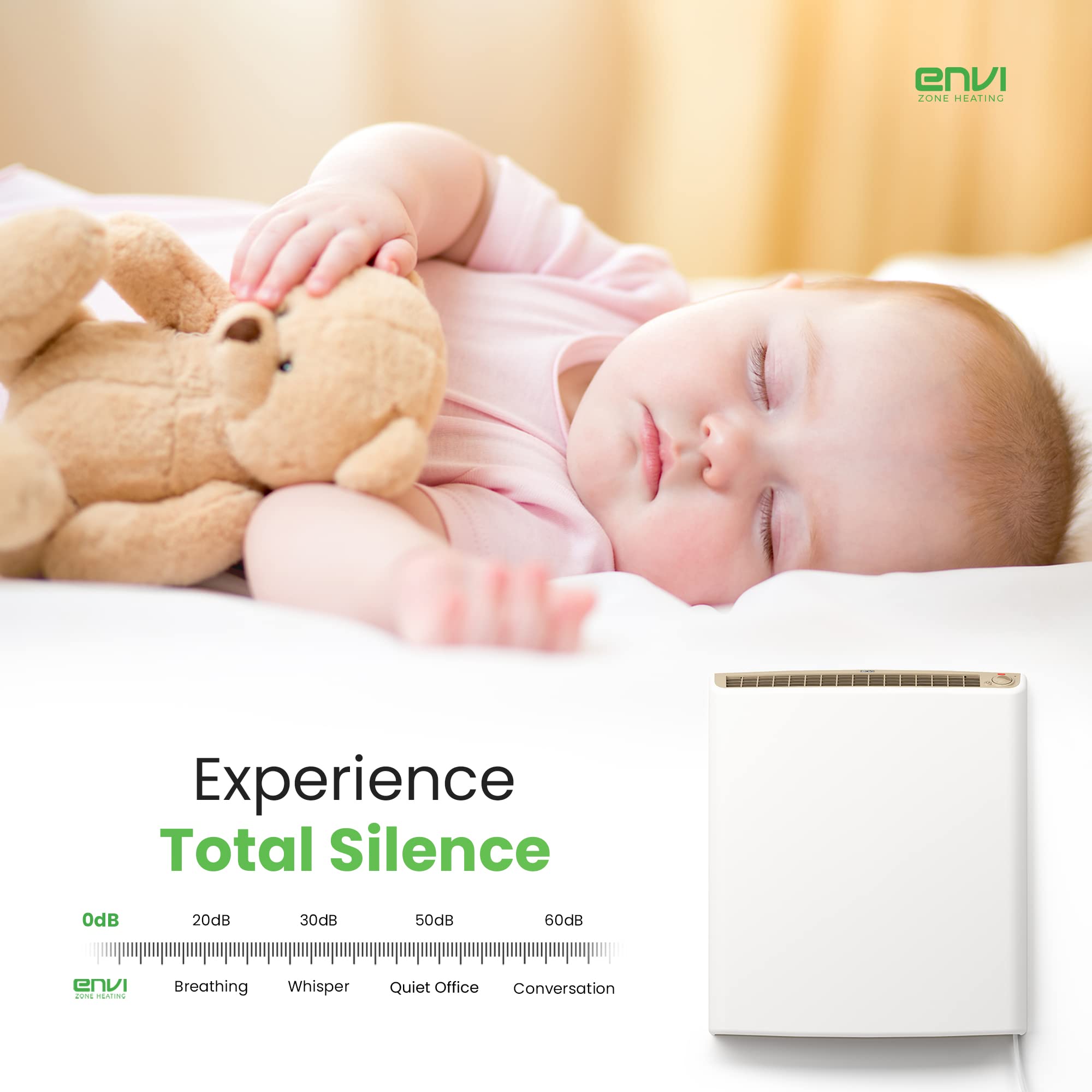 ENVI plug-in wall heater quiet design, nearly silent operation for bedrooms.