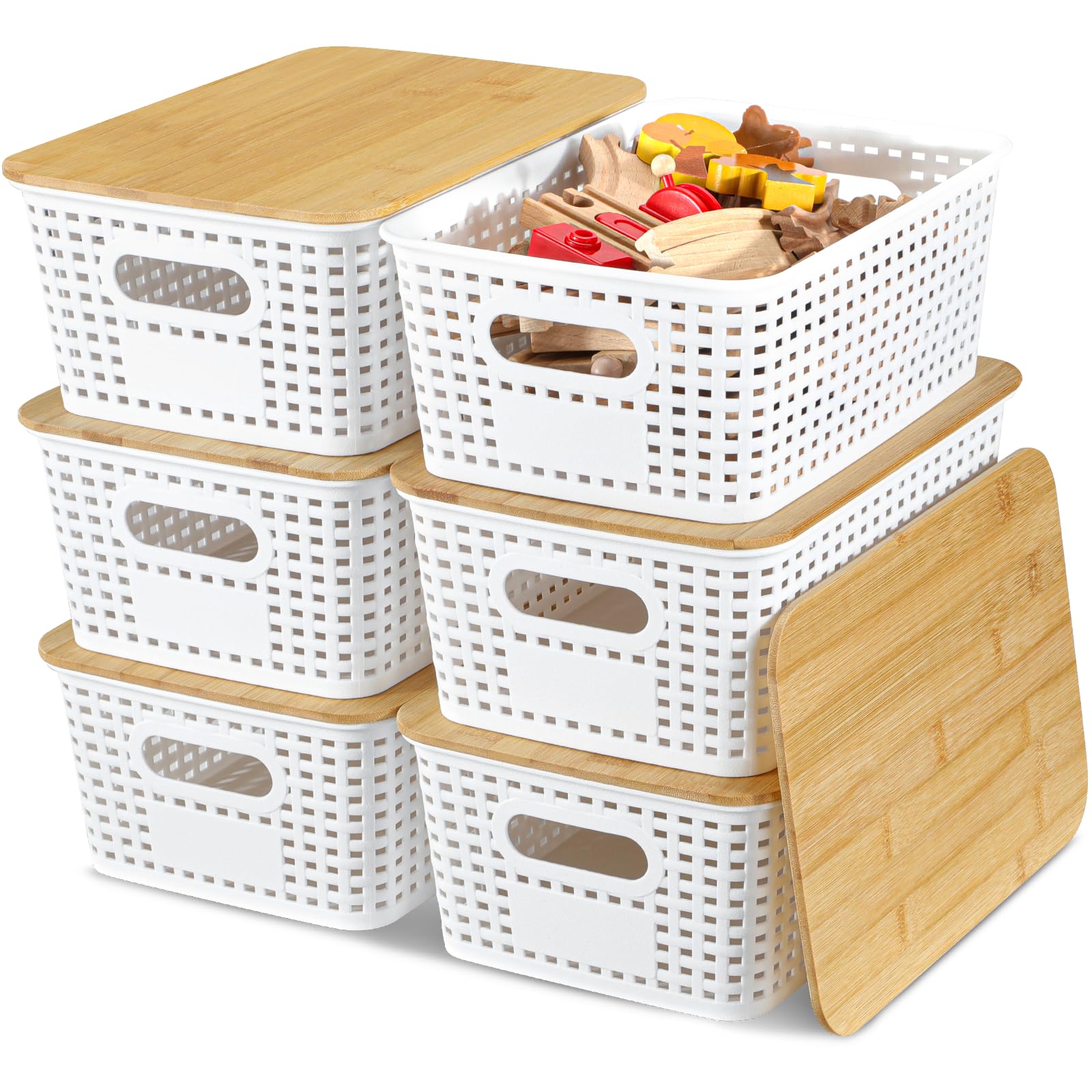 EOENVIVS baskets with bamboo lid stacked on a shelf for pantry organization