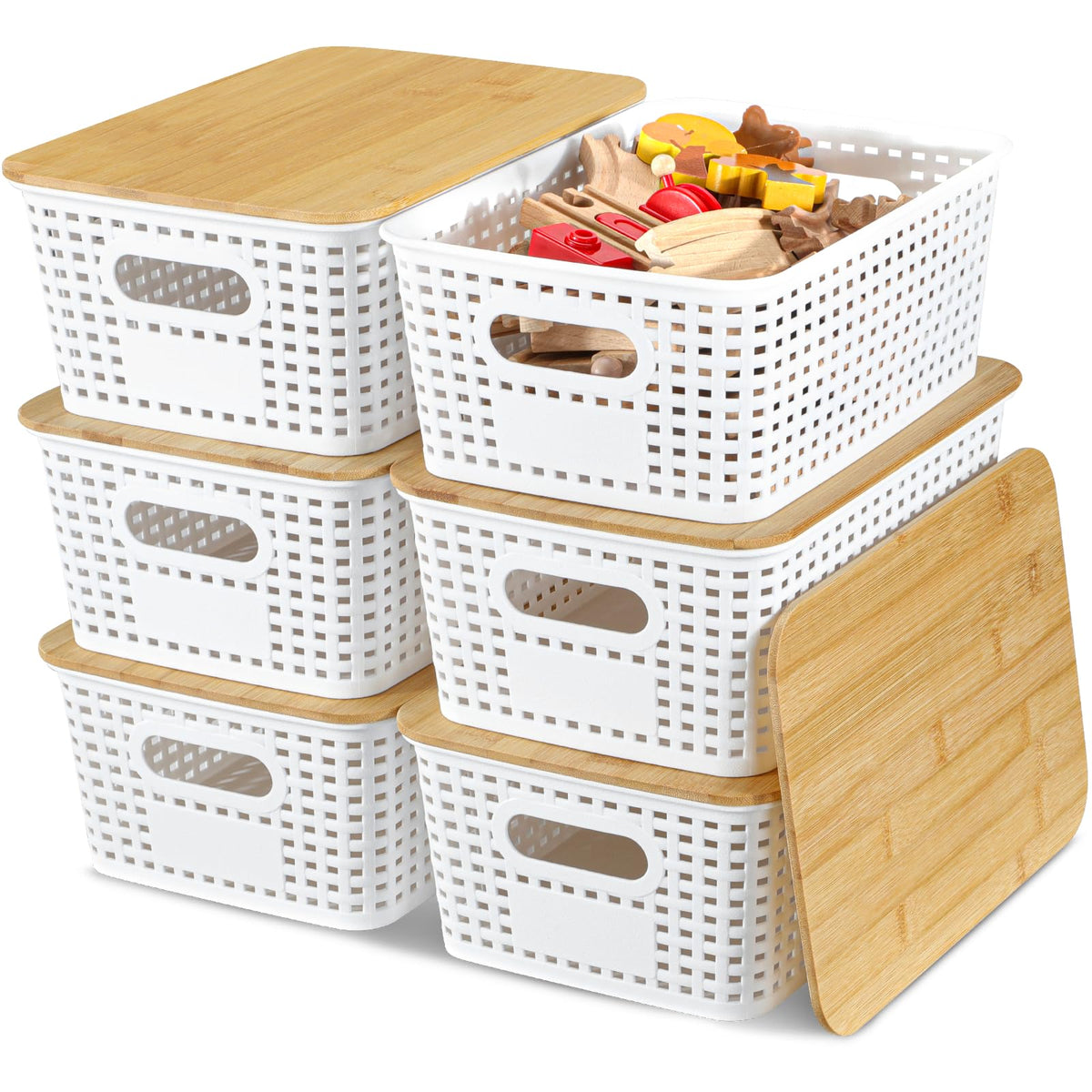 EOENVIVS baskets with bamboo lid stacked on a shelf for pantry organization